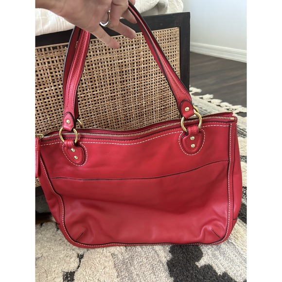 Coach Poppy Hallie Red Leather Tote Handbag Contrast Stitching 22424 MINT - Picture 5 of 12